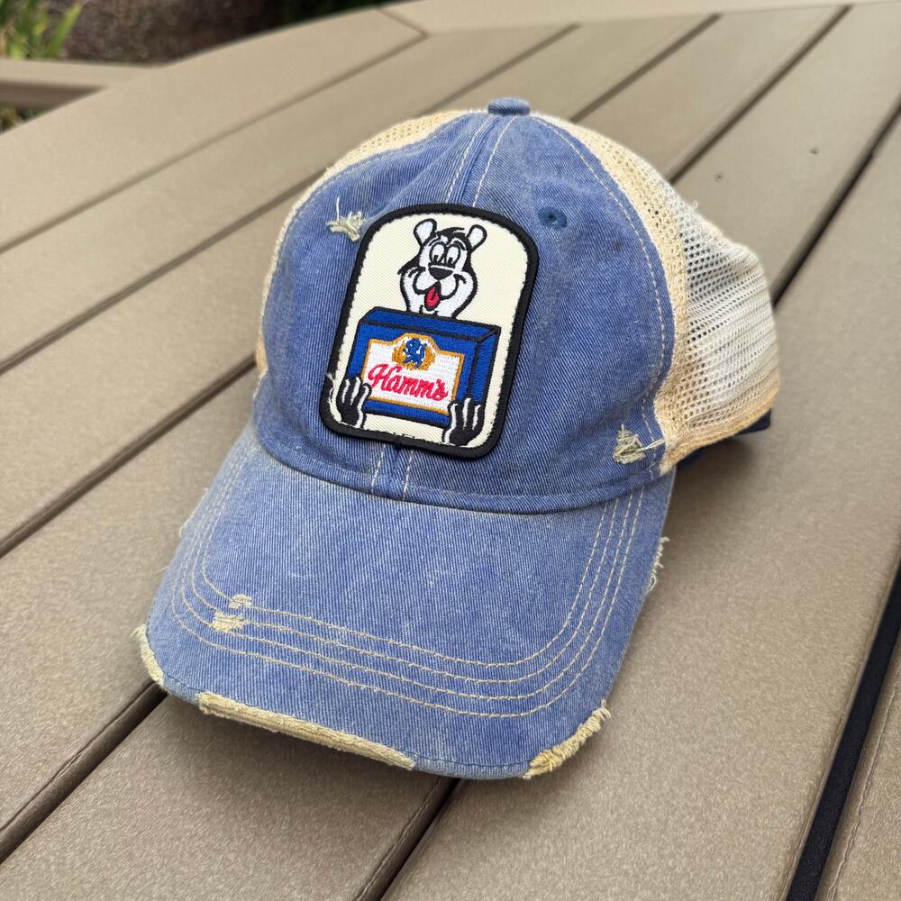 Hamm’s Beer Bear Patch Light Blue Distressed Trucker Hat Snapback Men’s